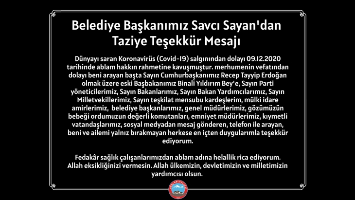Belediye Başkanı Savcı Sayan’dan Taziye Teşekkür Mesajı